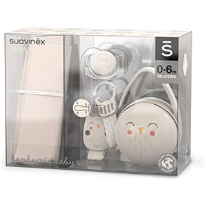 Suavinex, Set Nascita Premium. Set regalo bebè con: Mussola di Cotone + Ciuccio con Tettina Simmetrica SX Pro 0-6 mesi + Clip Portaciuccio + Portaciuccio Duo. (4 pezzi). Bianco