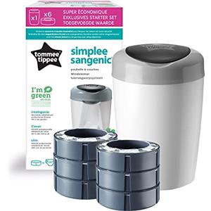 Tommee tippee - Pattumiera mangiapannolini Simplee Sangenic, protezione antiodore e antigermi, con 6 ricariche, colore: bianco e grigio