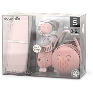 Suavinex, Set Nascita Premium. Set regalo bebè con: Mussola di Cotone + Ciuccio con Tettina Simmetrica SX Pro 0-6 mesi + Clip Portaciuccio + Portaciuccio Duo. (4 pezzi). Rosa