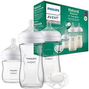 Philips Avent Set regalo per neonati con biberon in vetro - 3 biberon, ciuccio ultra soft, per neonati da 0-6 mesi in su (modello SCD878/11)