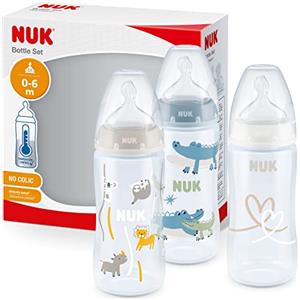 NUK First Choice+ set biberon | 0-6 mesi | Controllo temperatura | Sfiato Anti-Colica | Senza BPA | 300 ml | Tettarella in silicone | 3 pezzi | coccodrillo blu