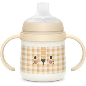 Suavinex Baby Learning Cup, Biberon con Manici che si Illumina al Buio, con Beccuccio Antigoccia in Silicone e Valvola Anticolica, per Bambini dai 6 Mesi in su, Ottimo per l'Uso Notturno, Beige