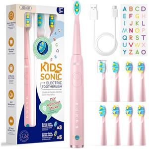 Seago Spazzolino elettrico per bambini con setole extra morbide e 5 modalità personali, 8 testine di ricambio, timer intelligente, spazzolino ricaricabile per bambini (rosa)