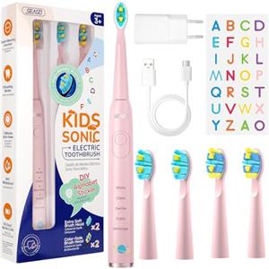 Seago Spazzolino elettrico per bambini dai 3 anni in su, ricaricabile, setole extra morbide, 5 modalità di pulizia per la cura dei denti, adesivi fai da te (rosa chiaro)
