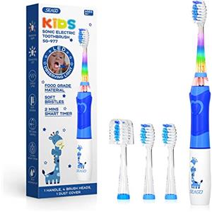 Seago Spazzolino elettrico per bambini dai 3 anni in su, con luce LED colorata, Smart Timer, 4 testine di ricambio morbide, spazzolini da denti per bambini, elettrici, impermeabili, IPX7, regalo,