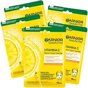 Garnier Maschera in Tessuto Skin Active Hydra Bomb, Idratante e Illuminante, Con Vitamina C e Acido Ialuronico, Per Pelli Spente e Non Uniformi, Confezione da 5