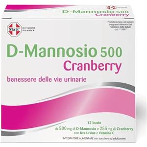 Matt, D-Mannosio 500 Cranberry, Integratore Alimentare per il Benessere delle Vie Urinarie con D-Mannosio, Cranberry, Uva Ursina e Vitamina C, Confezione da 12 Bustine