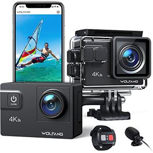 WOLFANG Action Cam GA300 4K 60FPS, 20MP WiFi EIS Action Camera con schermo tattile, 8X Zoom Fotocamera Impermeabile 40M Subacquea Videocamera, Mic Esterno, Telecomando 2x1350mAh Batterie e Accessori