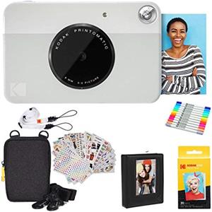 KODAK Printomatic Fotocamera (Gris) Confezione Regalo + Carta Fotografica Zink (20 Fogli) + Tracolla e Altro