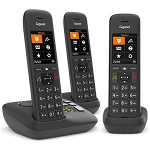 Gigaset C575A Trio, Cordless Trio con segreteria telefonica, possibilità di passare la chiamata da un portatile all'altro e di effettuare chiamate interne - rubrica personalizzabile - Nero - Italia