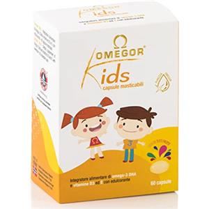 Omegor Kids capsule | 250mg di omega-3 DHA per bambini | Squisite capsule morbide, in gelatina di pesce, dolcificate e masticabili | Gusto tutti i frutti, 60 cps