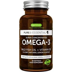 Igennus Healthcare Nutrition Pure & Essential Olio di Pesce Omega-3 e Vitamina D3 1000ui, 440 mg EPA e 220 mg DHA per capsula softgel, 1 al giorno, 60 capsule softgel