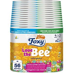 Foxy Love the Bee | Carta igienica 56 rotoli da 225 strappi | 2 veli elevato spessore | FSC |100% Energia elettrica rinnovabile| Confezione prodotta con plastica riciclata