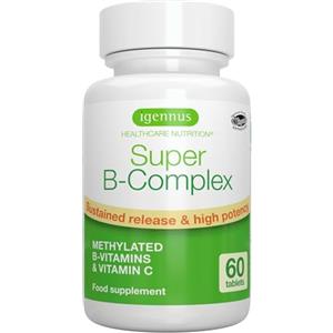Igennus Healthcare Nutrition Super B - Vitamina B complex ad alto assorbimento e rilascio prolungato,B1,B2,B3,B5 B6,B12, Biotina, Folato e Vitamina C. 60 compresse Vegane