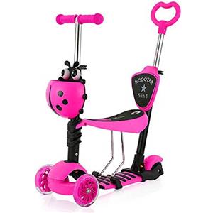 YOLEO Monopattino per Bambini 5-in-1, Monopattino 3 Ruote Lampeggianti in LED, Kids Scooter, Con Sedile Estraibile/Monopattino Bambini 2 a 8 Anni, Carico Massimo 50 Kg (5-in-1 Rosa)