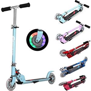 GYMAX Monopattino a Spinta per Bambini 4-13 Anni, 2 PU Ruote Luminose, Regolabile a 3 Altezze 63-85 cm, Manubrio Pieghevole, Scooter in Alluminio, Freno Posteriore, Carico di 70 kg, Azzurro