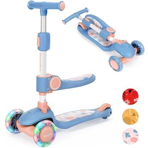 BremToy Monopattino Bambini con Sedile, Monopattino Pieghevole con 3 Ruote LED Luce, Altezza Regolabile per Bambini 2-8 Anni, Carico 50 kg, Blu + Rosa