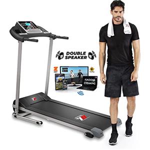 YM YOUR MOVE Tapis Roulant Elettrico Pieghevole YM TAP 100 APP PRO, Bluetooth App KINOMAP e ZWIFT, Altoparlanti e Musica con Ingressi Audio, Inclinazione, 10 km/h, Apertura Soft-Drop, Cardio, 12 Program