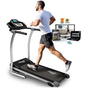 Qsweet SIXTUS Tapis Roulant Elettrico Pieghevole 12 km/h, SIX-1200, Bluetooth, App KINOMAP ZWIFT, Sensore Cardiaco, Tappeto Ammortizzato MaxiGrip, Inclinazione, Supporto Tablet, 1,5HP (3,5HP Picco)