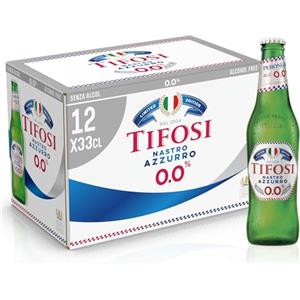 Peroni Nastro Azzurro 0.0 Edizione Speciale Tifosi Birra Analcolica Premium Lager, Cassa Birra con 12 Birre in Bottiglia da 33 cl, 3.96 L, Gusto Secco e Rinfrescante, Zero Alcol