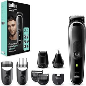 Braun Regolabarba Tagliacapelli Uomo, Rasoio Elettrico Barba e Capelli, 8-In-1 Styling Kit Ideale Per Barba, Capelli, Naso e Orecchie, 80 Minuti Di Utilizzo Senza Fili, MGK3440