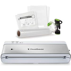 FoodSaver VS0100X Macchina Sottovuoto per Alimenti, Aspirazione + Sigillatura Automatica o solo Sigillatura, Tubo con Adattatore Salva Freschezza, Incluso 1 Rotolo 28cmx2,43 mt e 4 Sacchetti, Bianco