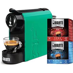 Bialetti Gioia, Macchina Caffè Espresso per Capsule in Alluminio, Incluse 32 Capsule, Supercompatta, Serbatoio 500 ml, Verde Smeraldo