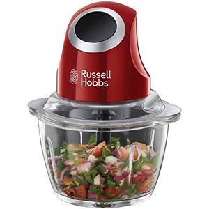 Russell Hobbs Tritatutto Da Cucina Elettrico Mini Rosso - Contenitore in Vetro con Coperchio - 500ml, Tritatutto per Verdure, Mixer, Tritatutto Elettrico per Verdure, Frutta e Carne, 24660-56