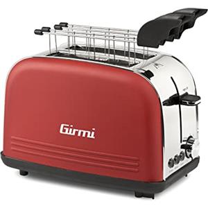 Girmi TP57 Tostapane, 800 W, Corpo e pinze INOX, Ampie fessure, Timer, 8 livelli di cottura, Spegnimento automatico, Raccogli briciole, Rosso