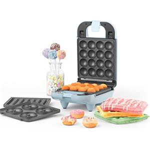 Petra PT4943BLNVDEEU7 - Macchina per dolcetti compatta 3 in 1, ciambelle deliziose, cake pop e waffle, macchina per waffle e dolcetti, piastre rimovibili facili da pulire, 650 W, blu pastello