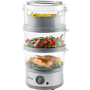 Petra PT2726ZV2HEVDE - Vaporiera elettrica a 3 livelli, 7,5 l, cestelli e contenitore per riso senza BPA, design compatto, timer da 60 minuti, 500 W, ciotole rimovibili, per carne e verdura