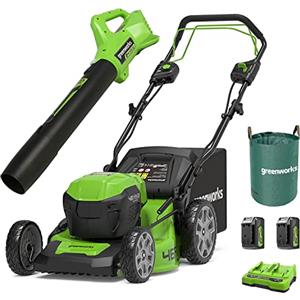 Greenworks GD24X2LM46SPK4X Tagliaerba Semovente a Batteria per Prati Fino a 480m²,G24ABII Soffiatore Foglie Assiale 145km/h, Sacco da giardinaggio da 120l,CON Due Batterie 4Ah e Caricabatterie Doppio