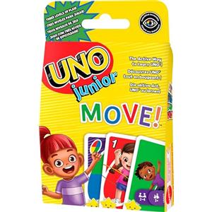 UNO, Junior Move!, gioco di carte per bambini per serate di gioco in famiglia, viaggi, campeggi e feste, giocattolo per bambini 3+ anni, HNN03