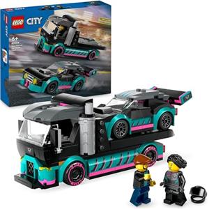 LEGO City Auto da Corsa e Trasportatore, Macchina e Camion Giocattolo per Bambini e Bambine da 6 Anni, Veicolo da Costruire con Rampa Funzionante, Minifigure del Pilota e del Camionista 60406