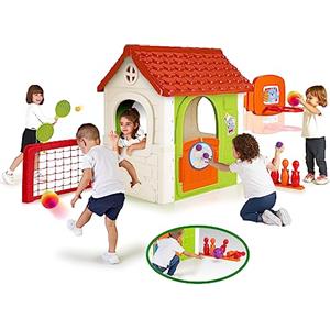 FEBER Multi Activity House 6in1, Casetta da Giardino per bambini con 6 Attività, Bowling, Racchette, Giochi con la Palla, Calcio, Pallacanestro, Bersaglio in velcro,da 3 anni, Famosa (FEH15000)