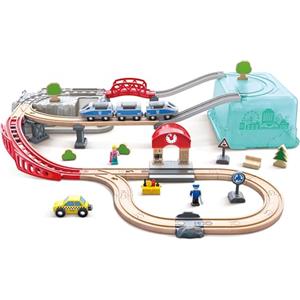 Hape Set Treno in città per gioco di ruolo dai 3 anni | 48 pezzi compatibili: binari, ponti, personaggi, trenino e box che diventa parte del gioco