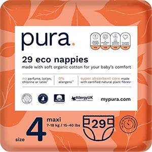 Pura Pannolini Ecologici, Taglia 4 (Maxi 7-18kg), 29 Pannolini (Confezione da 1), Certificati EU Ecolabel, Adatti per la Pelle Sensibile, Cotone, Senza Profumo, Protezione Dalle Perdite per 12 Ore