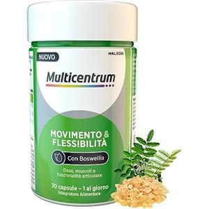 Multicentrum Movimento & Flessibilità, Integratore Alimentare con Boswellia, Vitamina C, D, K, e Omega3, formulato per Ossa, Muscoli e Funzionalità Articolare, Adulti, 30 capsule