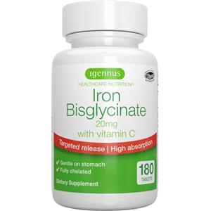 Igennus Healthcare Nutrition Ferro Bisglicinato 20mg con Vitamina C, integratore stanchezza, gentile sullo stomaco e ben tollerato, alto assorbimento con rilascio mirato, 180 compresse vegane