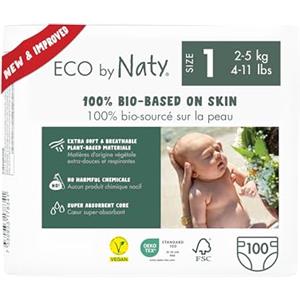 Eco by Naty Pannolini per bambini - Pannolini ecologici a base vegetale, ottimi per la pelle sensibile del bambino e aiutano a evitare le perdite (Taglia 1, 100 unità)
