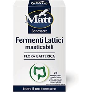 Matt Integratore Alimentare per Il Ripristino della Flora Batterica Fermenti Lattici Masticabili, 24 Compresse, 12g