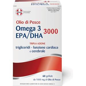 Matt, Olio di Pesce Omega 3 EPA/DHA 3000, Integratore Alimentare Utile per la Funzione Cardiaca e Celebrale, Confezione da 60 Gellule