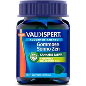 Valdispert Gommose Sonno Zen, Integratore per l'addormentamento a base di olio di semi di canapa, melatonina e camomilla, 30 pastiglie gommose gusto limone lime