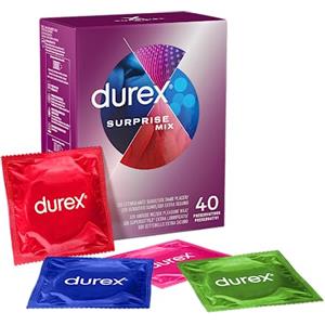 Durex Surprise Mix, Preservativi Assortiti, Profilattici Sottili e con Rilievi e Nervature, 40 Profilattici, Solo Online
