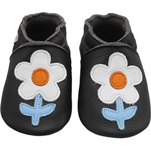 Bemesu scarpe striscianti per bambini primi passi pantofole in pelle pantofole per bambini realizzate in morbida pelle per ragazze e ragazzi fiori neri (L, EU 21-22)