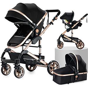 Magic ZC Passeggino Trio, Carrozzina per Neonati con Design Portatile Pieghevole Un Clic, Passeggino 3 in 1 con Spinta Reversibile a Due Vie, Trio Passeggino Neonati con Accessori (black gold 739)