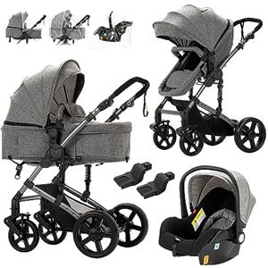 Prokoke Passeggino Trio, Trio Passeggino Neonati con Design Pieghevole in Un Clic, Passeggino 3 in 1 con Una Lega di Alluminio a Cornice, Trio con Due Modi Reversibili per Spingere (588 Grey)