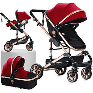 Prokoke Passeggino Trio, Trio Passeggino Neonati con Design Pieghevole in Un Clic, Passeggino 3 in 1 con Una Lega di Alluminio a Cornice, Trio con Due Modi Reversibili per Spingere (739 Red)