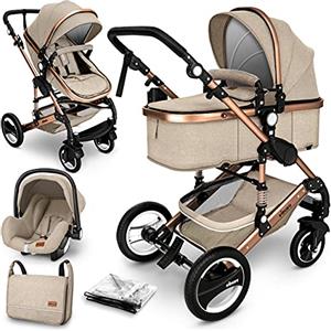 KIDUKU® 3 in 1 Passeggino Completo Trio | Passeggino Sistema Combinato con Navicella Ovetto Seggiolino Auto Coprigambe | Pneumatici in Gomma Dura Borsa Fasciatoio Parapioggia Tavolo per Bambini