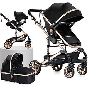 Prokoke Passeggino Trio, Passeggino 3 in 1 con Una Lega di Alluminio a Cornice, Trio Passeggino Neonati con Design Pieghevole in Un Clic, Trio con Due Modi Reversibili per Spingere (739 Black Gold-3)